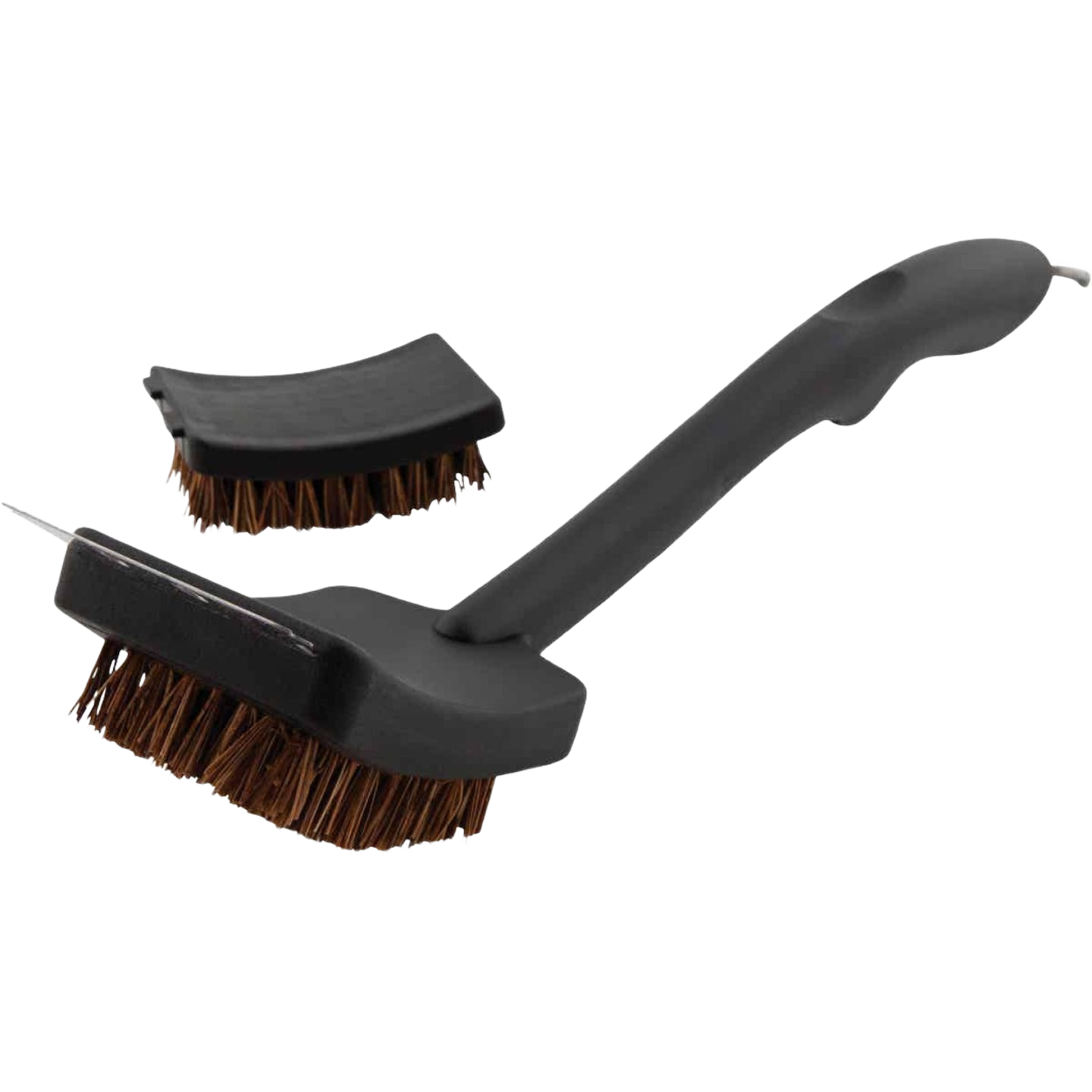 Grill brush with ergonomic black handle and replacement brush head for efficient grill cleaning in home improvement tasks