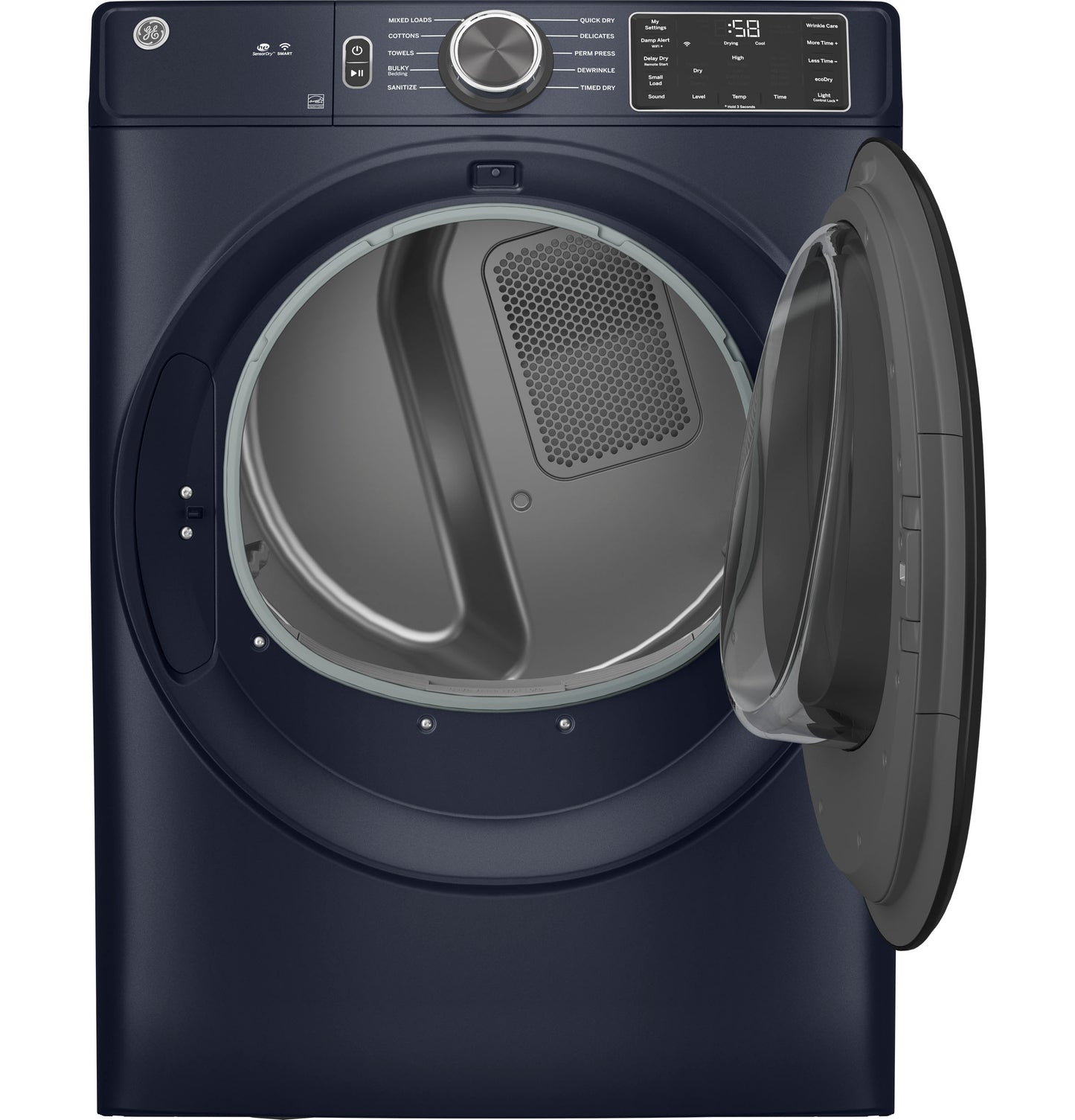 Front view of navy blue smart gas dryer with open door showing empty drum from dryers and appliances collection