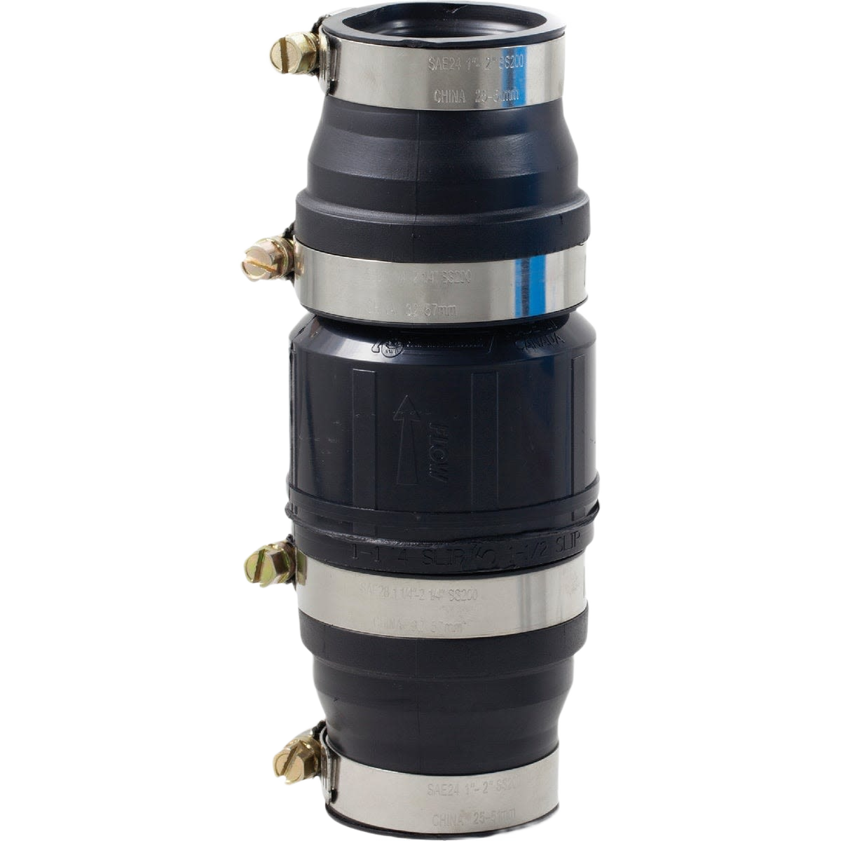 Black plastic sump pump check valve with stainless steel clamps for home improvement plumbing applications