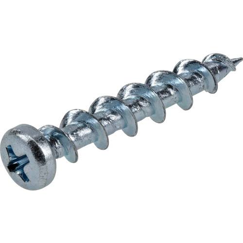 Zinc-coated screw anchor with Phillips pan head for securing drywall and masonry in hardware and fasteners collections