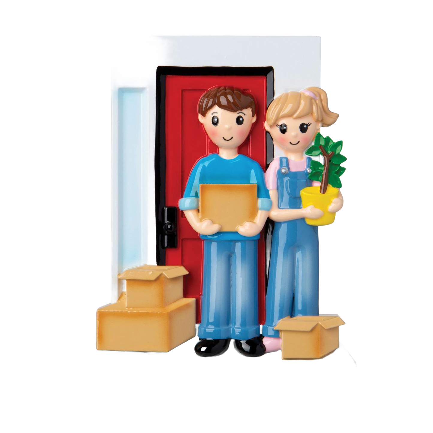 Personalized couple figure ornament holding boxes and plant in front of red door, holiday decoration under $50.