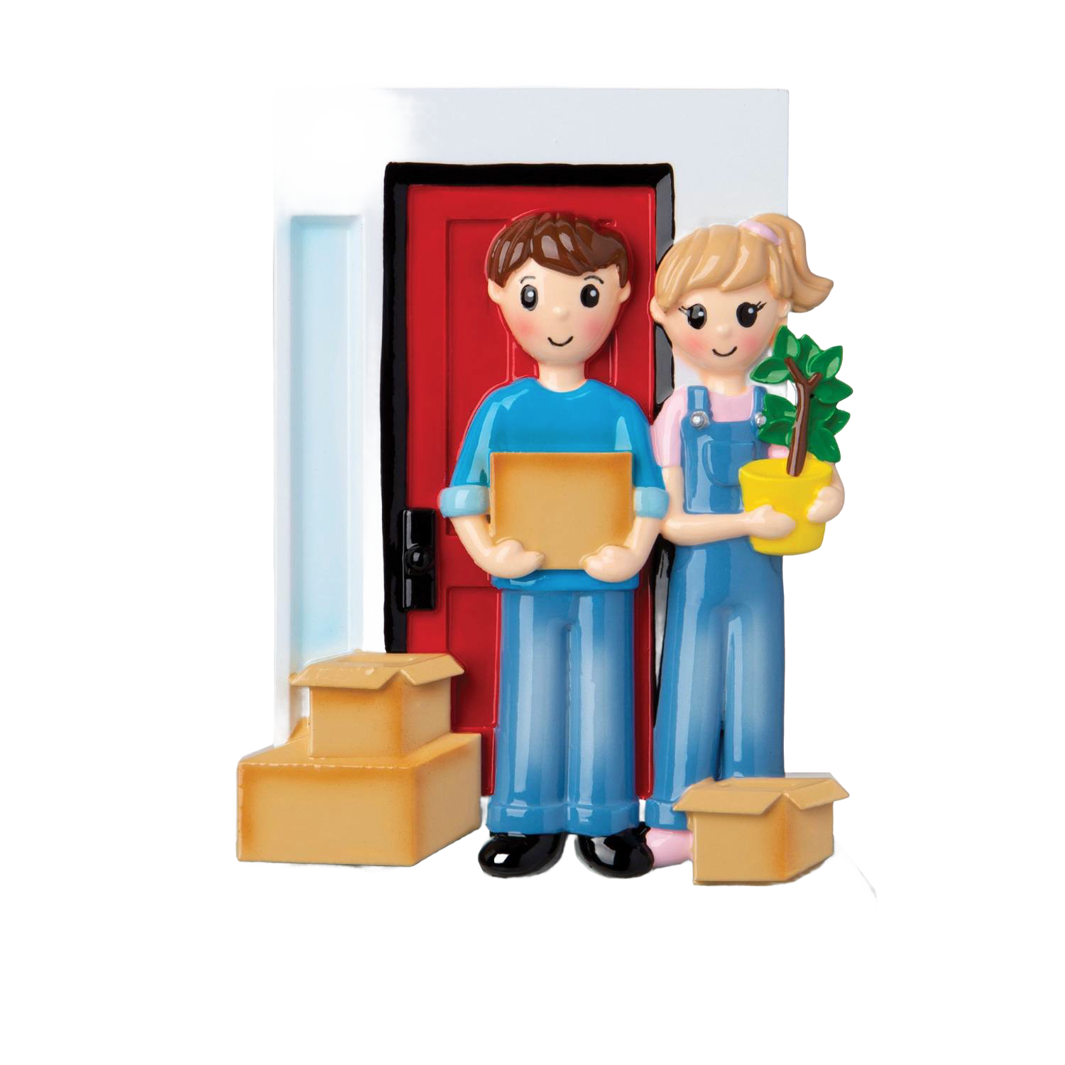 Personalized couple figure ornament holding boxes and plant in front of red door, holiday decoration under $50.