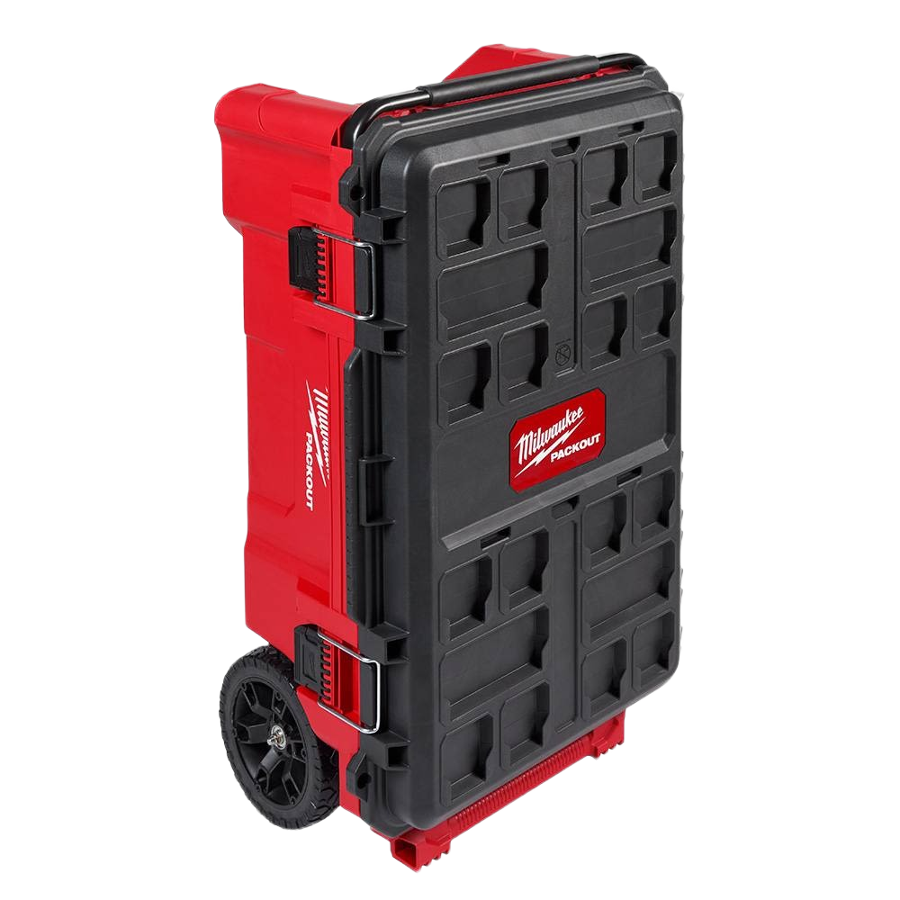Red and black rolling tool chest with durable wheels and locking latches for storage and jobsite organization