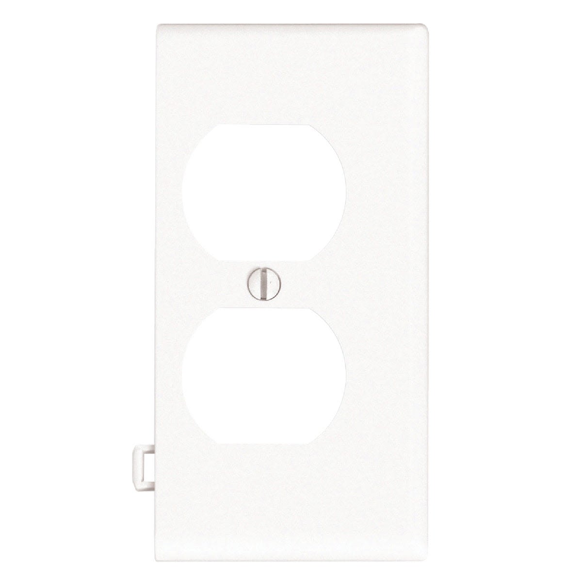 White plastic duplex end sectional wall plate for electrical outlet installation in home improvement collection