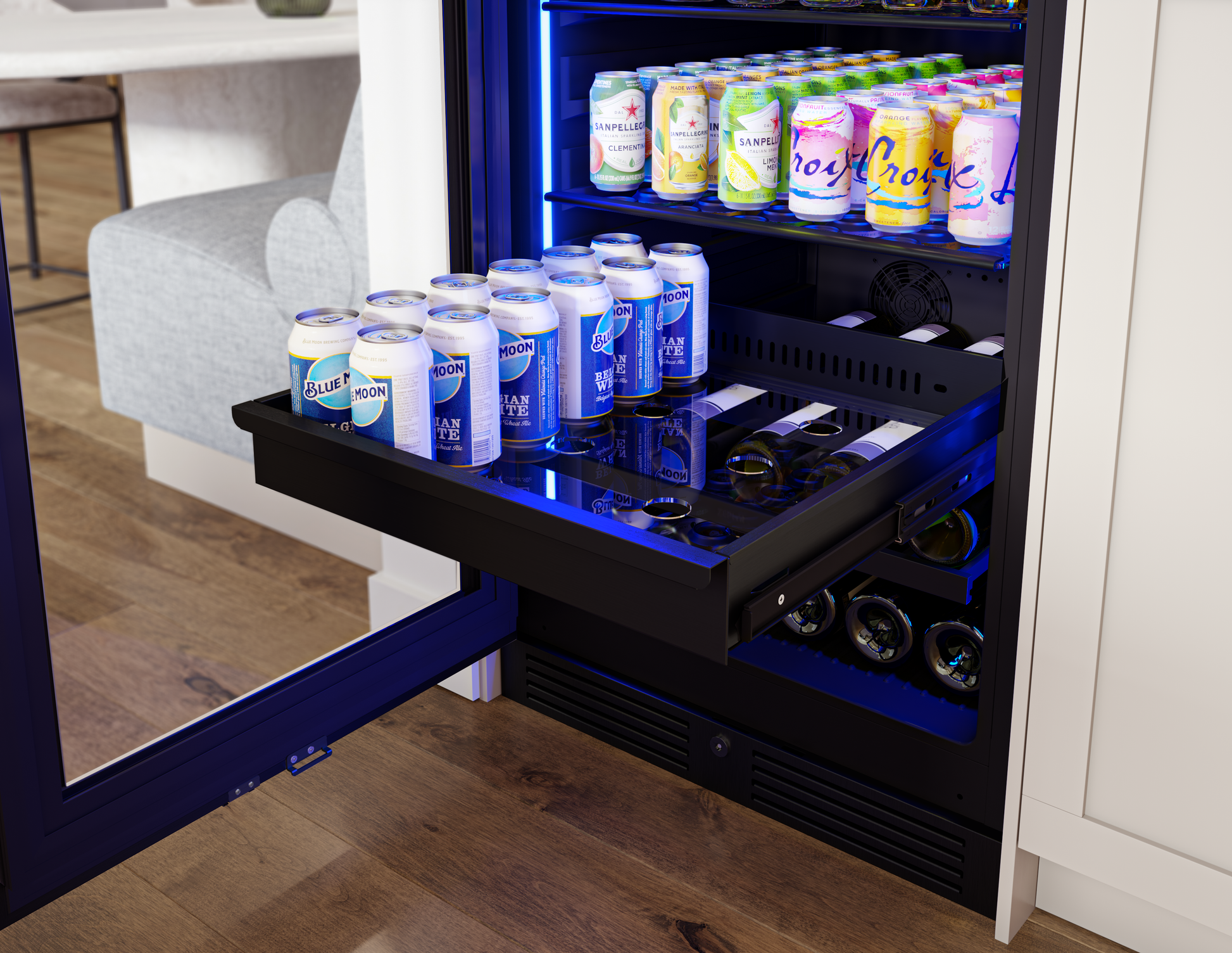 Open panel-ready beverage cooler with LED interior showing cans and two sliding black pull-out trays in kitchen appliances setting