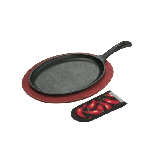 Cast iron fajita skillet on wooden serving platter with chili pepper-themed fabric handle cover in kitchenware collections