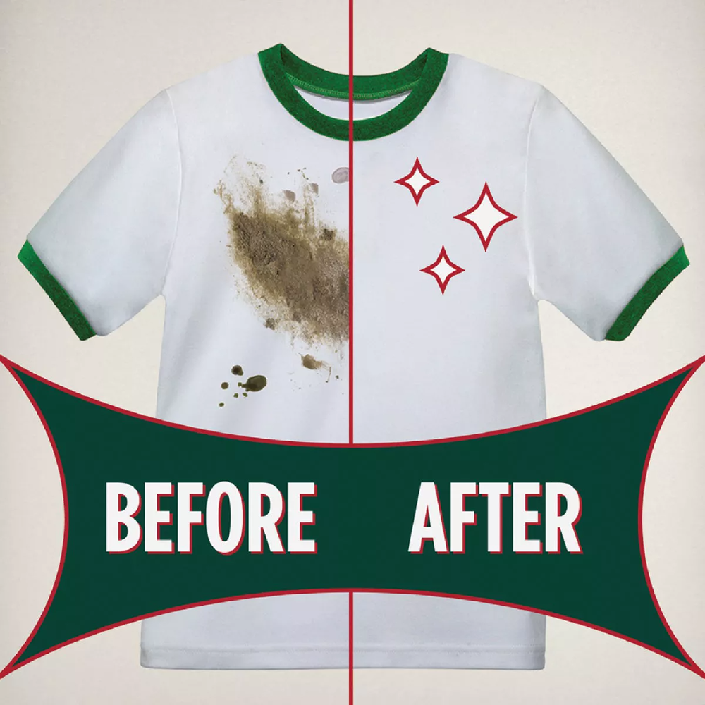 White shirt with green trim shown with heavy mud stains on one side and clean on the other after stain removal treatment