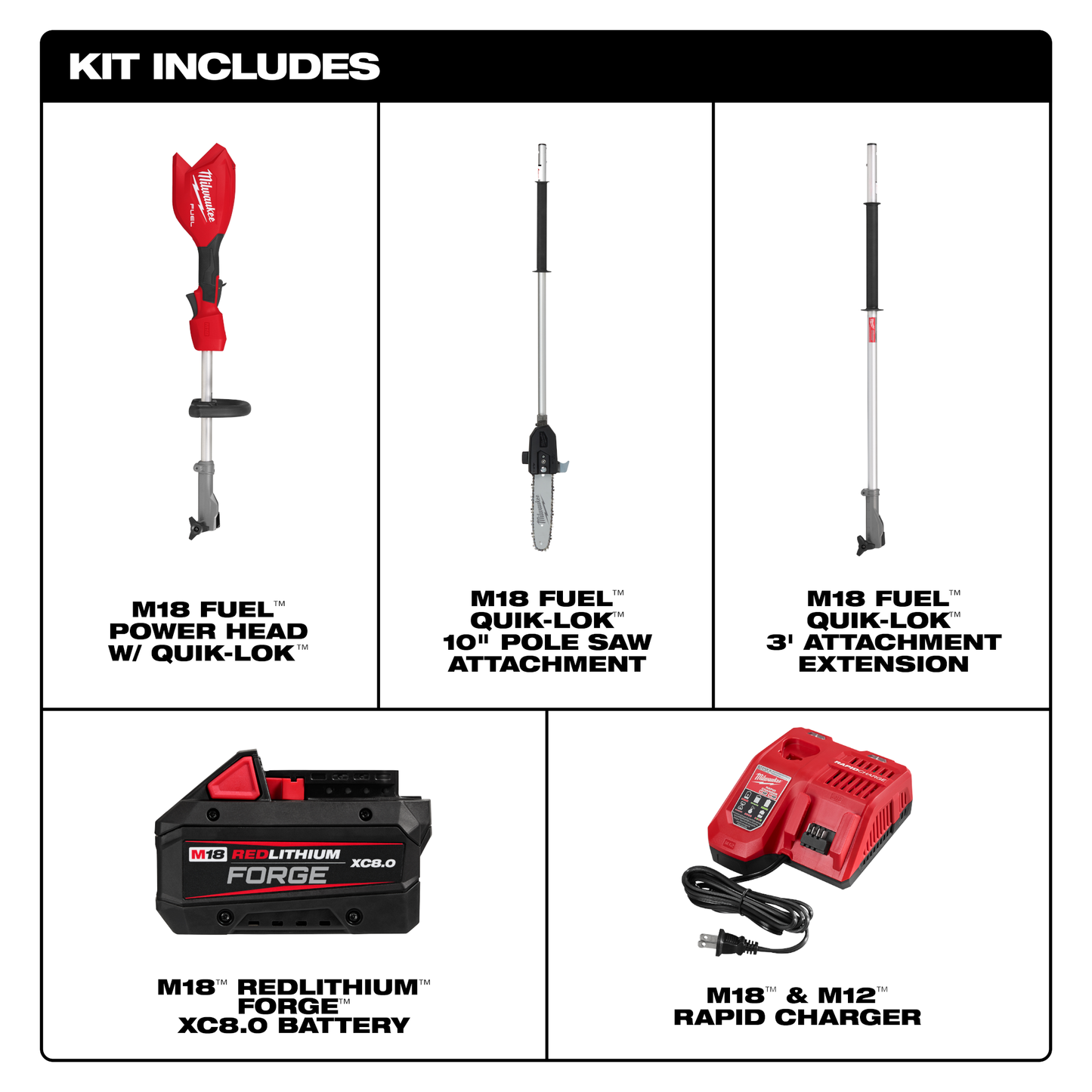 Set of Milwaukee cordless pole saw components including power head, 10-inch saw, extension, battery, and rapid charger for home use