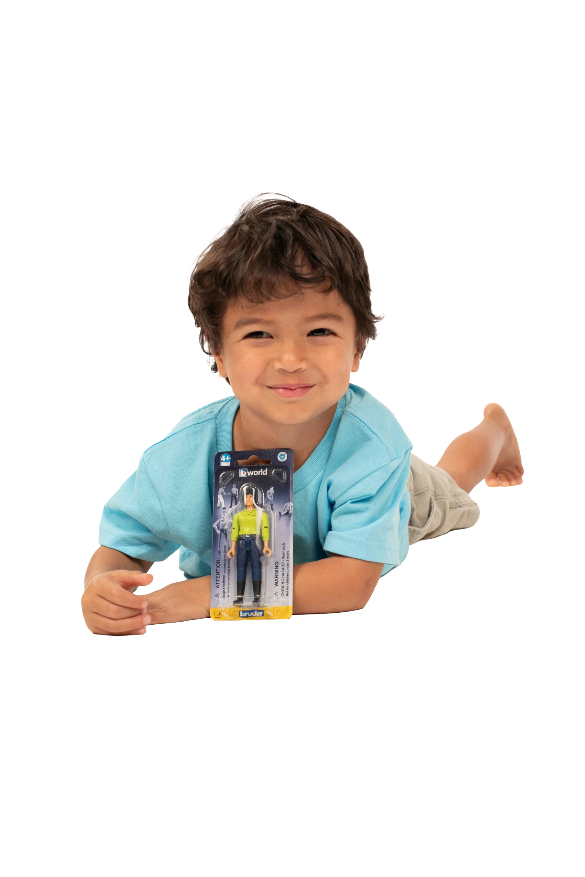 Child lying down holding Bruder Woman light skin and blue jeans toy figure package for Toys & Games collection
