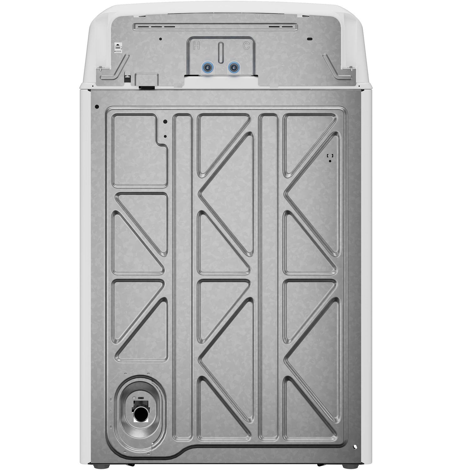 Rear view of a metal washer panel showcasing structural reinforcements and water inlet connections from top load washers collection
