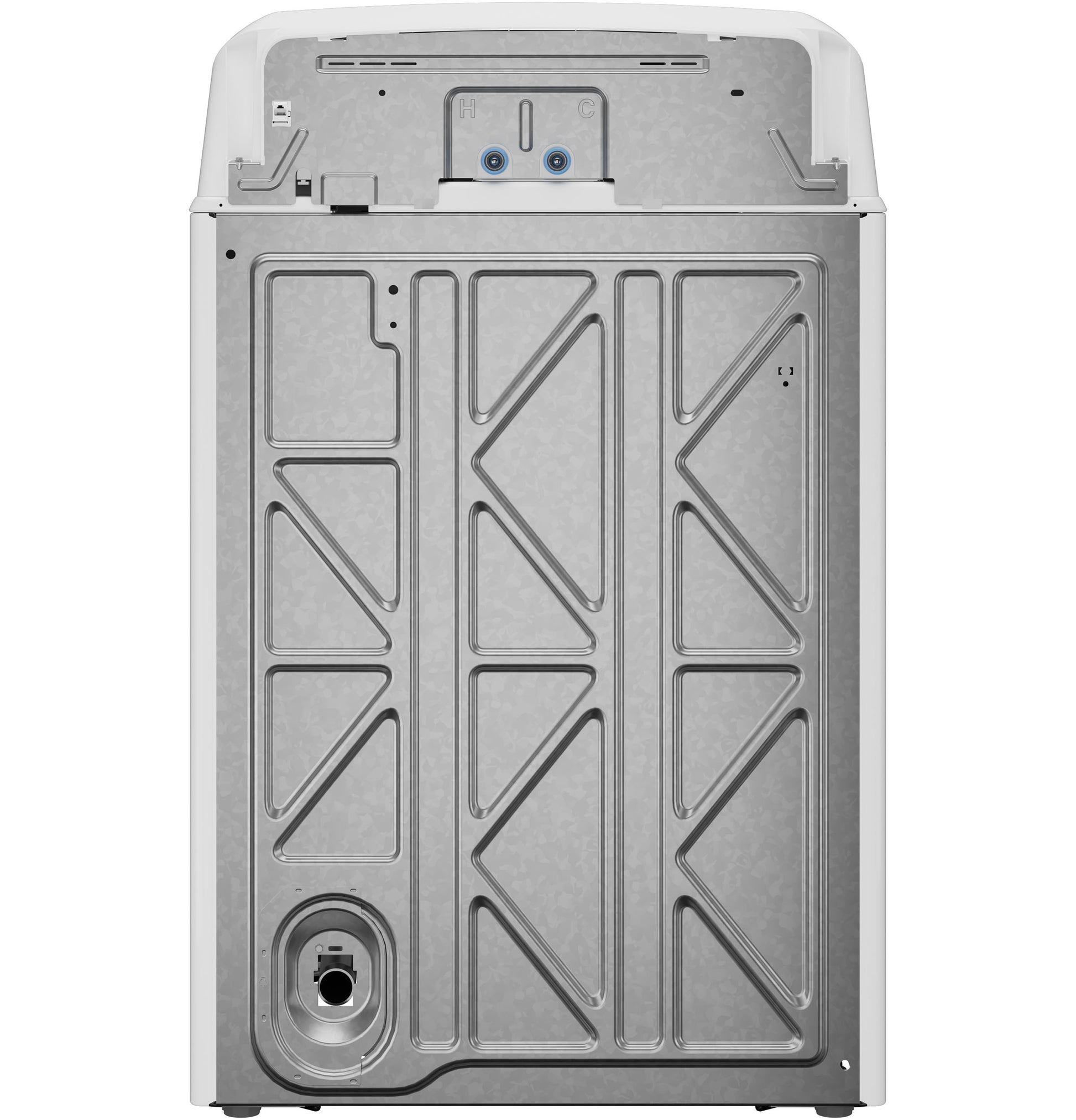 Rear view of a metal washer panel showcasing structural reinforcements and water inlet connections from top load washers collection