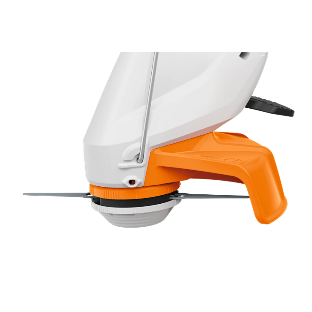 Close-up of white and orange battery-powered trimmer cutting head for tools and home improvement projects