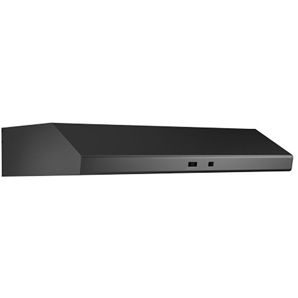 Minimalist black under cabinet range hood with simple control buttons for modern kitchen appliance use