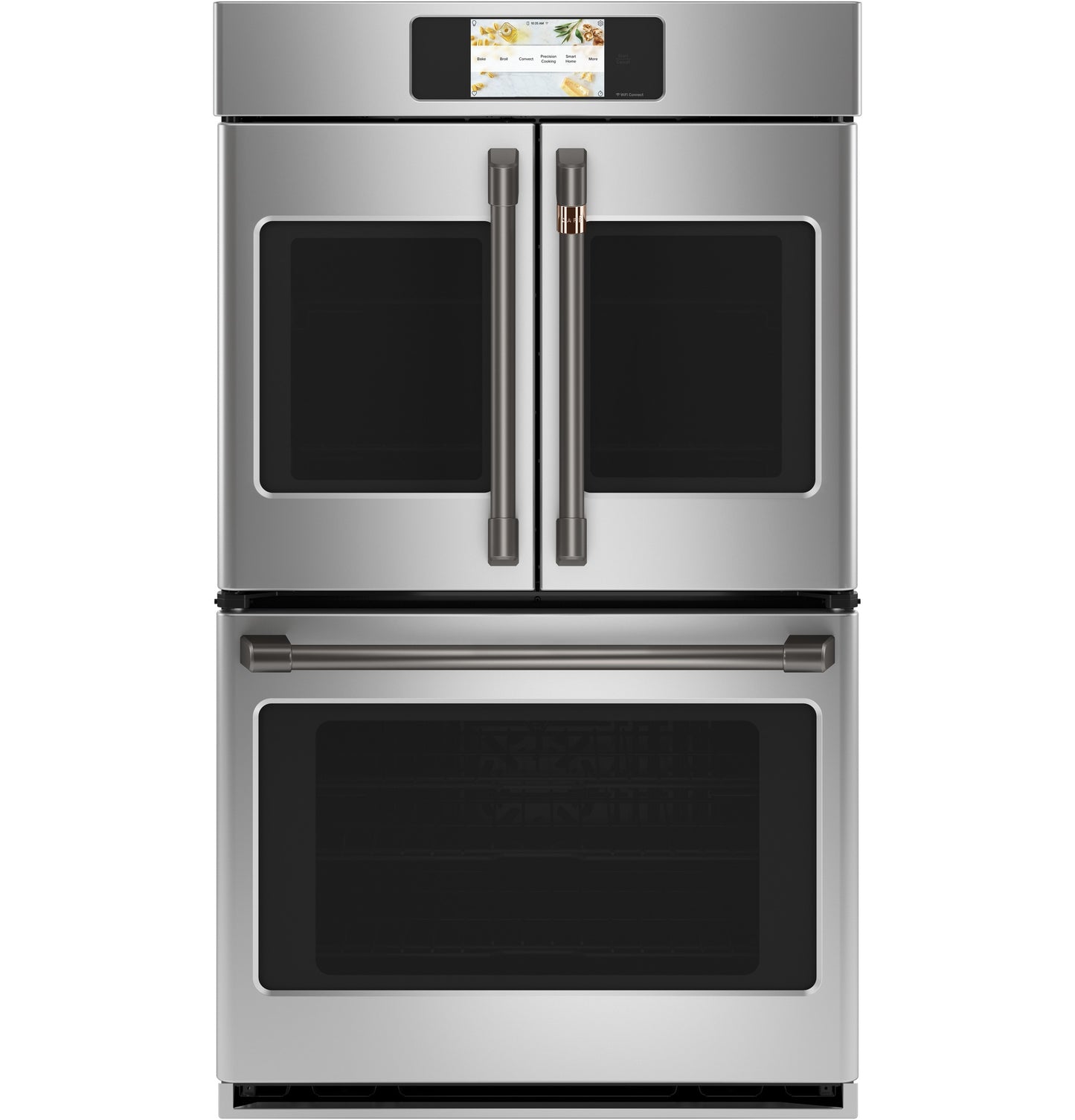 Stainless steel smart built-in double wall oven with French doors and digital touchscreen in modern kitchen setting