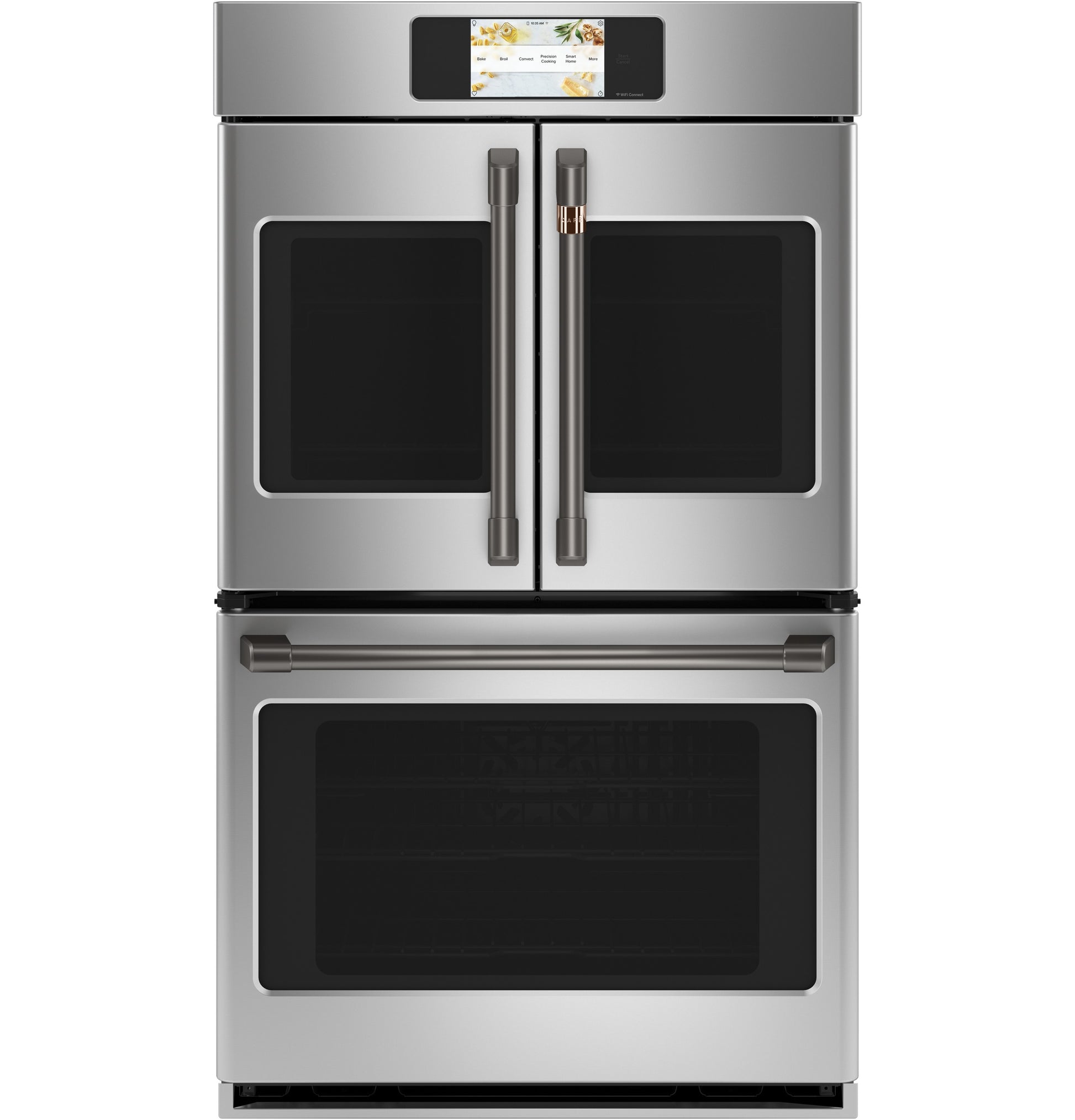 Stainless steel smart built-in double wall oven with French doors and digital touchscreen in modern kitchen setting