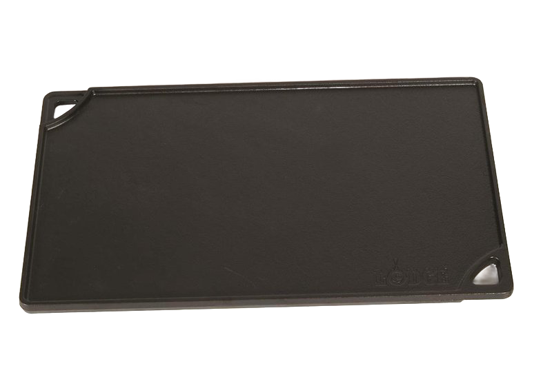 Rectangular cast iron griddle with smooth cooking surface and corner pour spouts, suited for outdoor cooking and grilling.