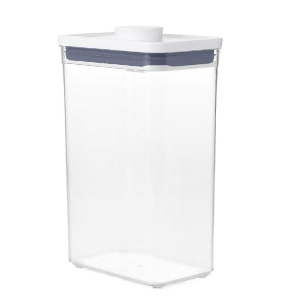 Clear rectangular airtight storage container with push-button lid for pantry organization and kitchen countertop storage