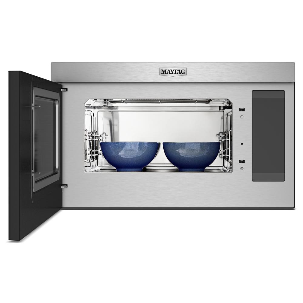 Open flush mount microwave toaster oven combo in stainless steel with two blue bowls inside in Microwaves collection
