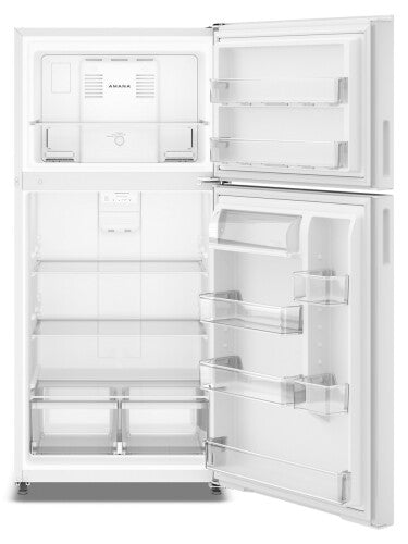 White garage-ready top-freezer refrigerator with dual crispers, adjustable glass shelves, and gallon door storage in appliances collection