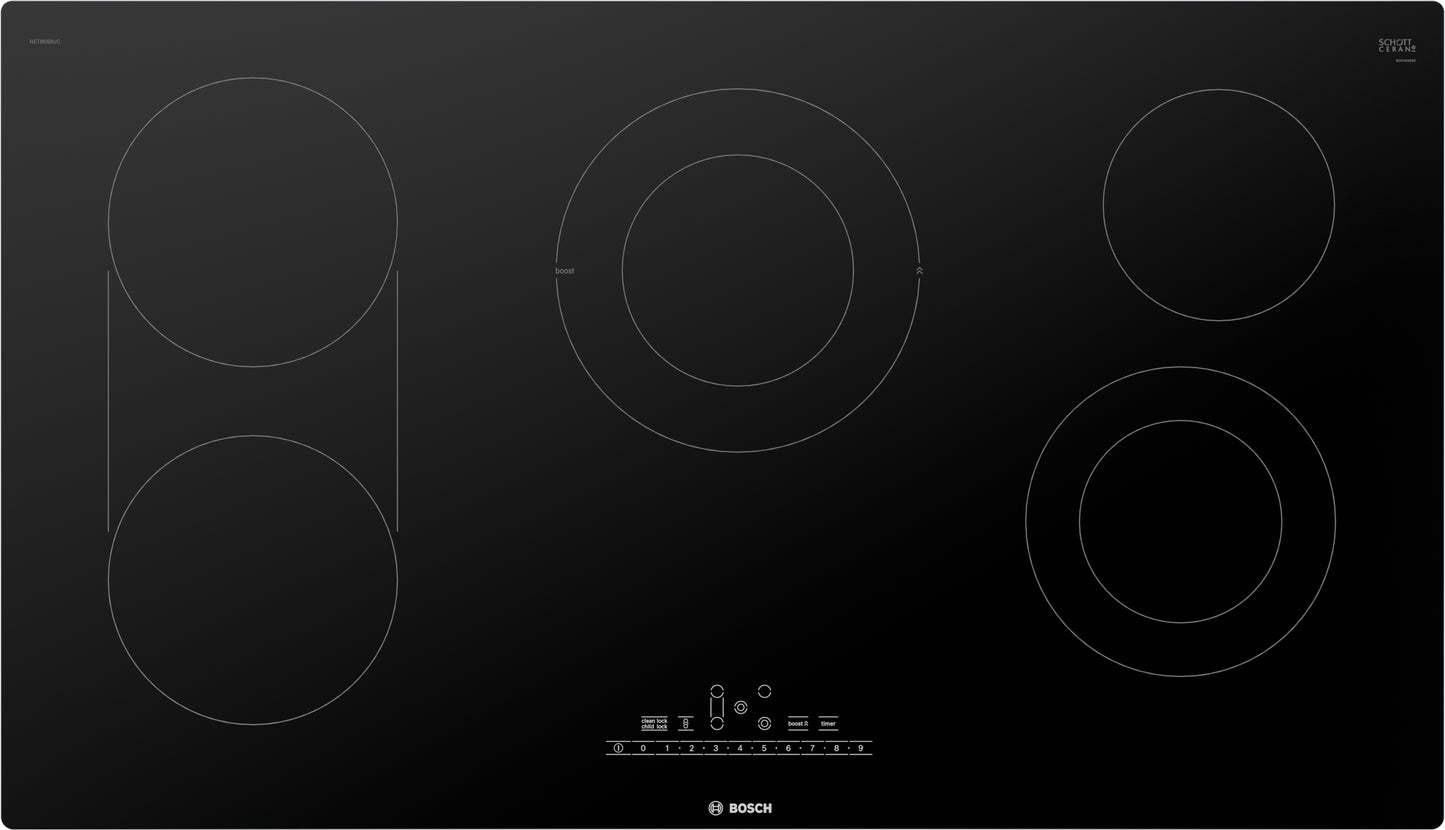 Black-glass seamless electric cooktop with five heating elements and dual element burner from Bosch kitchen appliances