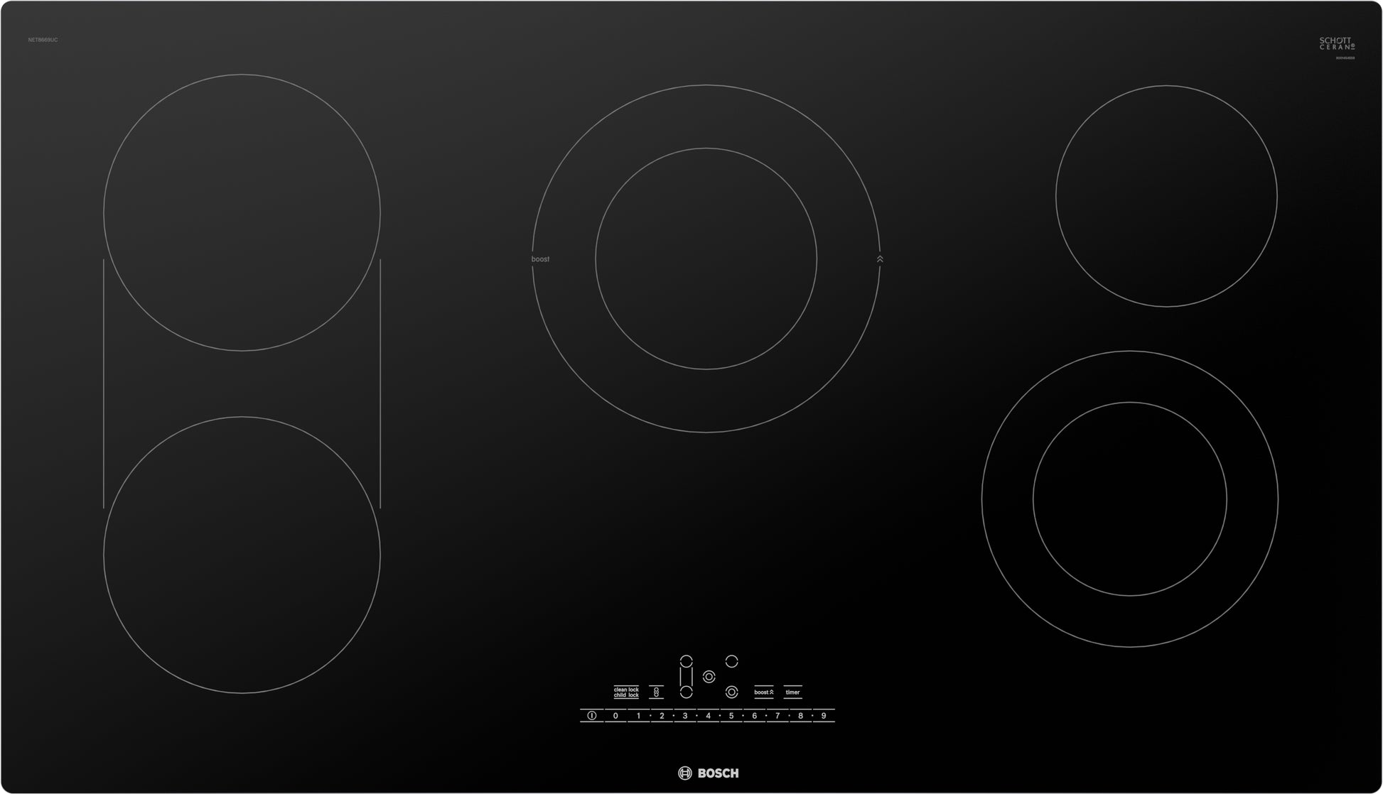 Black-glass seamless electric cooktop with five heating elements and dual element burner from Bosch kitchen appliances