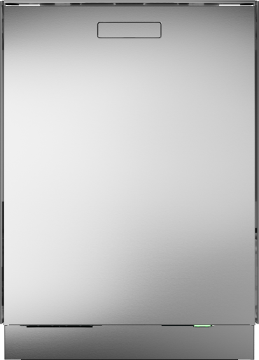 Minimalist stainless steel dishwasher with hidden controls and illuminated status light in kitchen appliance collection