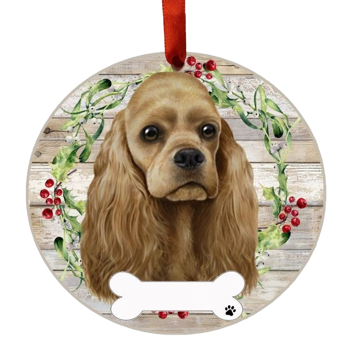 Round Christmas ornament featuring a Buff Cocker Spaniel face with festive green and red wreath design