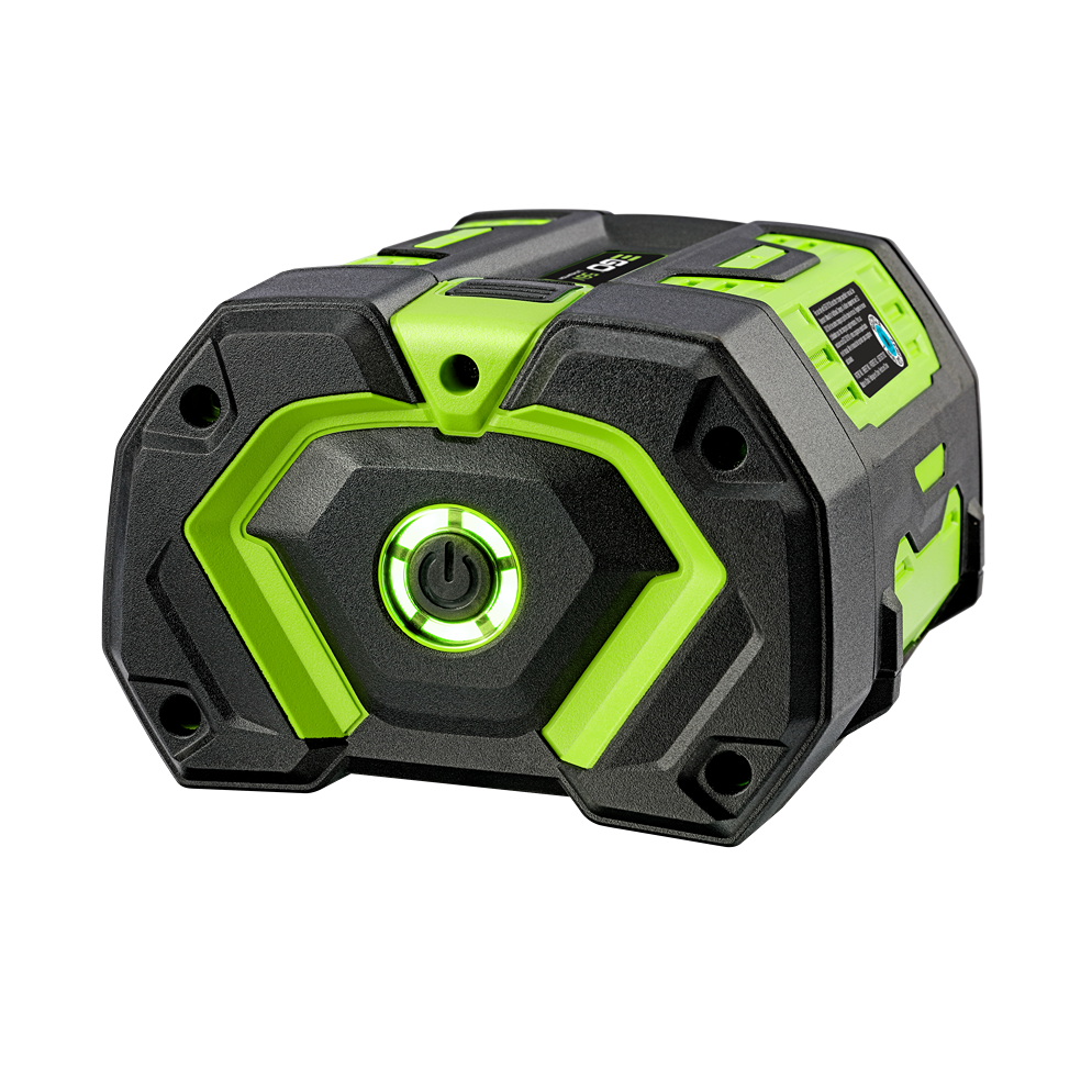 Green and black rechargeable battery pack with power button for cordless tools and home improvement equipment