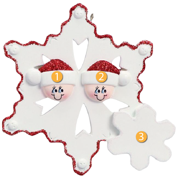 White snowflake ornament featuring a smiling couple wearing red Santa hats for Christmas décor under $50