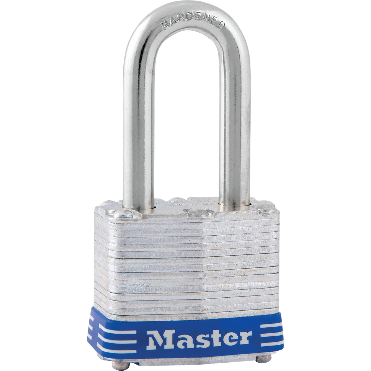 Laminated steel padlock with hardened shackle for secure fastening in hardware and home improvement tools collections