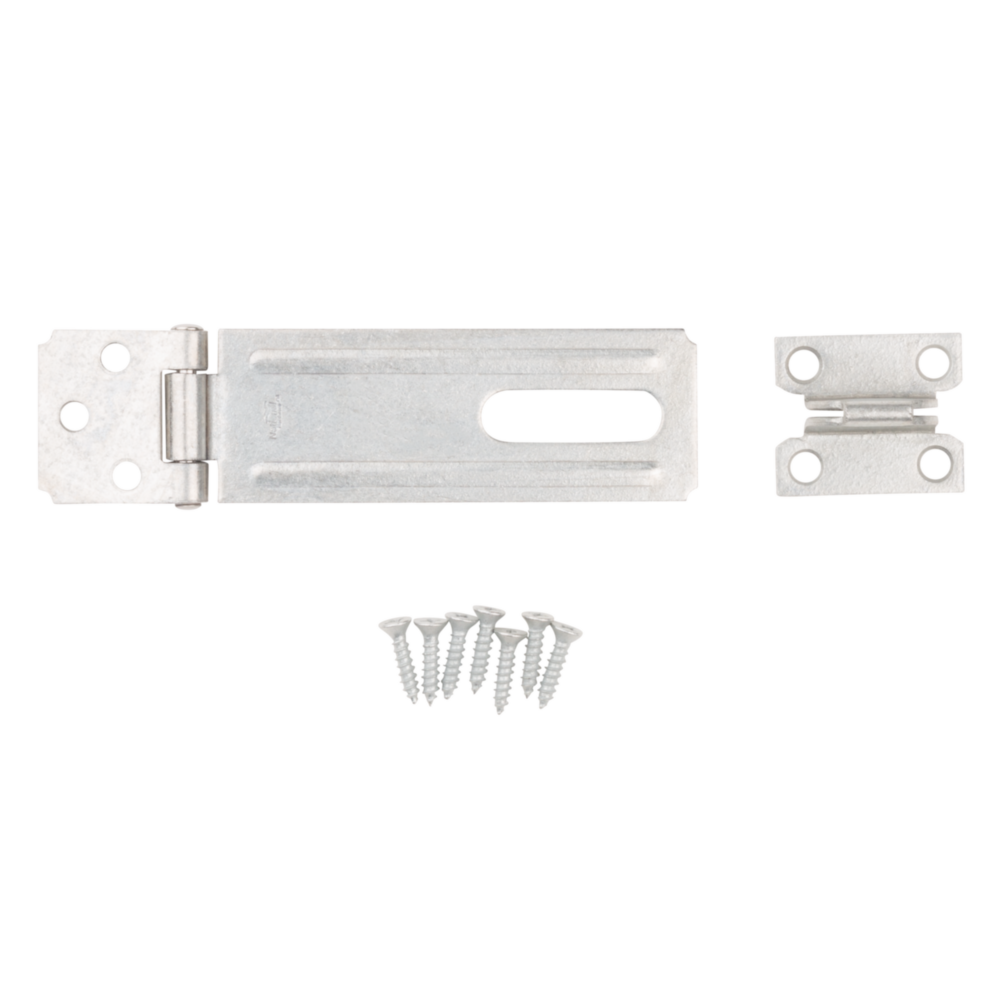 Galvanized steel safety hasp with mounting screws for door and gate hardware in home improvement collections
