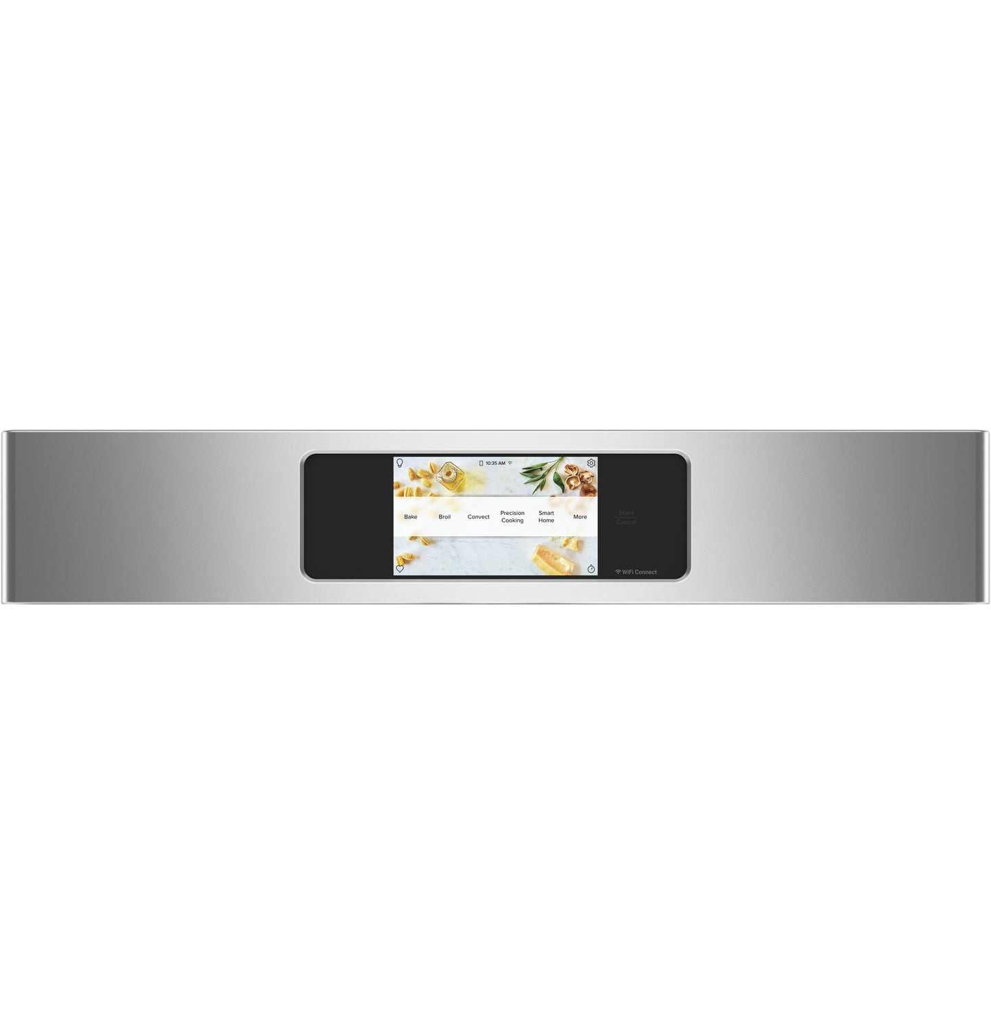 Wide stainless steel oven control panel with touchscreen display showing cooking options in Wall Ovens collection