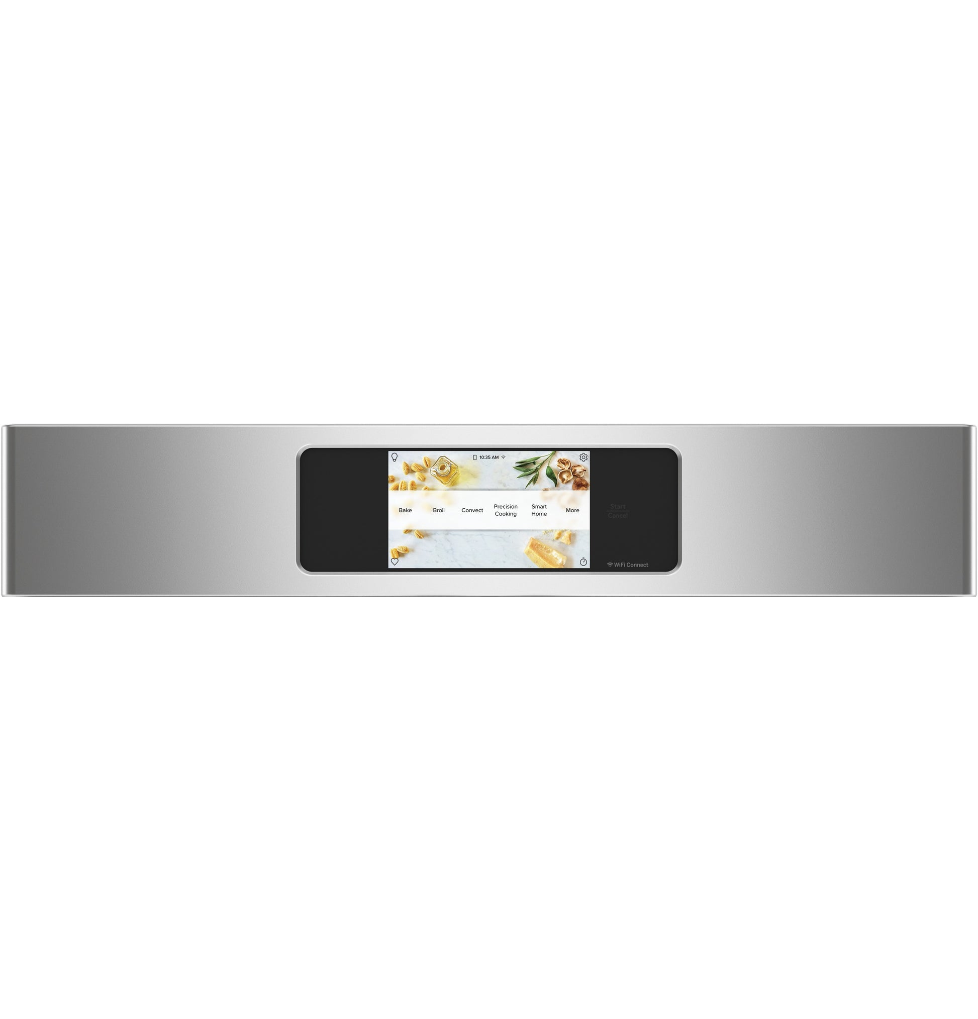Wide stainless steel oven control panel with touchscreen display showing cooking options in Wall Ovens collection