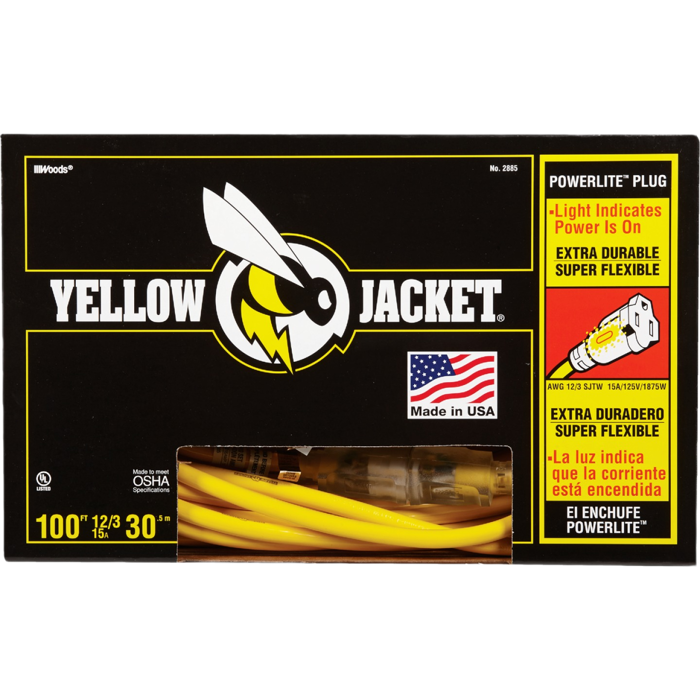 Black and yellow packaging for heavy-duty yellow extension cord featuring lighted plug and Made in USA label for home improvement tools