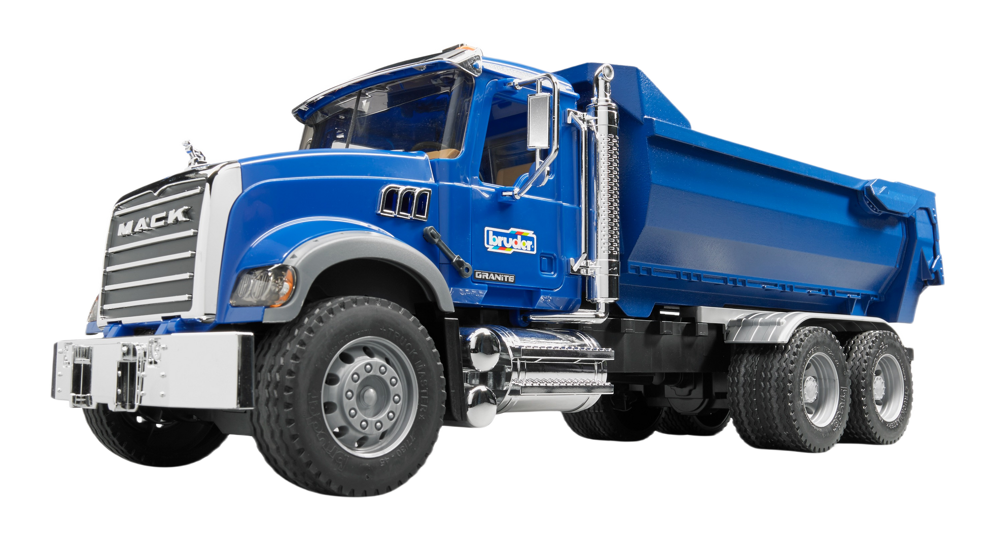Blue Bruder toy dump truck with chrome details and functional halfpipe bed for vehicles and remote-controlled toys collection
