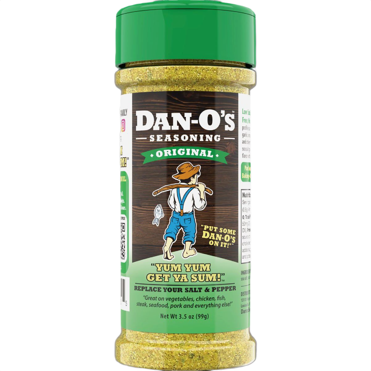 Clear plastic bottle of Dan-O's Original seasoning with green cap and colorful label in grilling spices collection