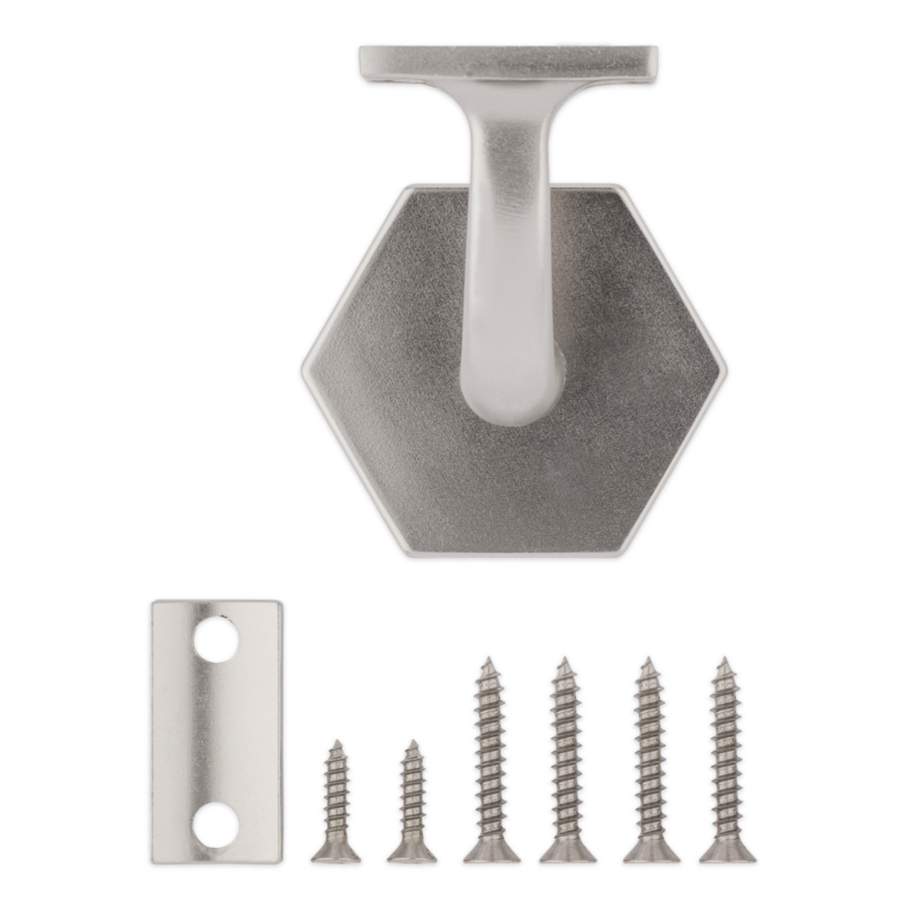Satin nickel handrail bracket with hexagonal base and included screws for secure home improvement and shelving projects