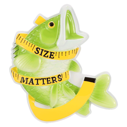 Green sea bass ornament wrapped with yellow measuring tape reading "Size Matters" in Christmas Ornaments & Tree Decorations collection