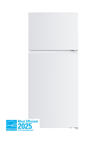 White top freezer refrigerator with pocket handle and energy-efficient 2025 certification for kitchen appliances collection