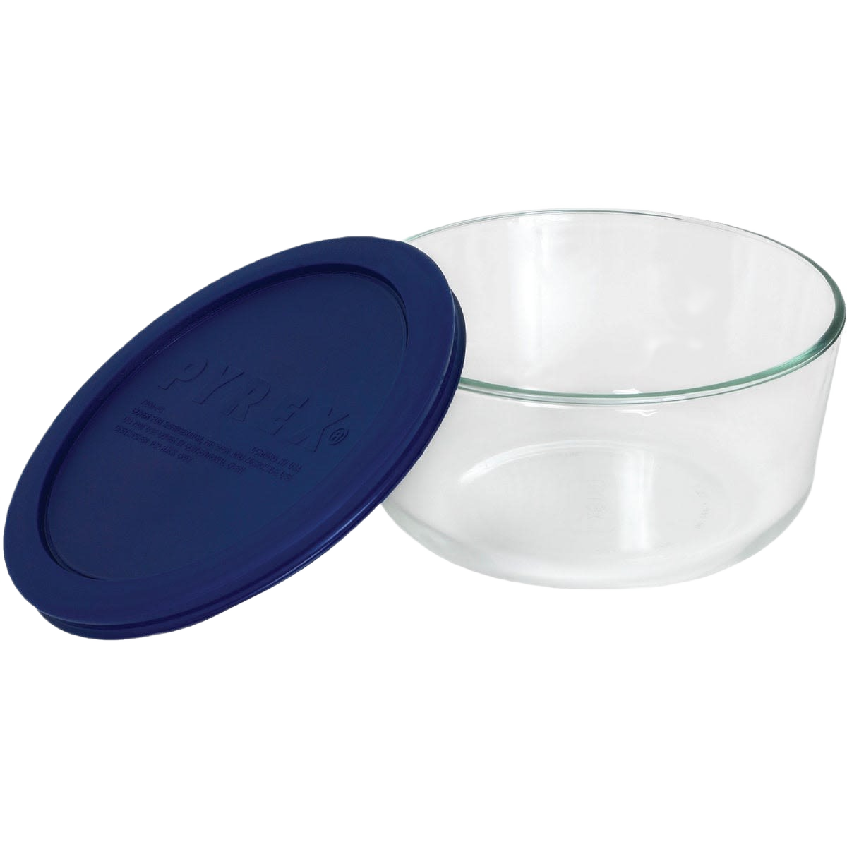 Clear round Pyrex glass bowl with navy blue plastic sealing lid for kitchen storage and food organization under $50 collection