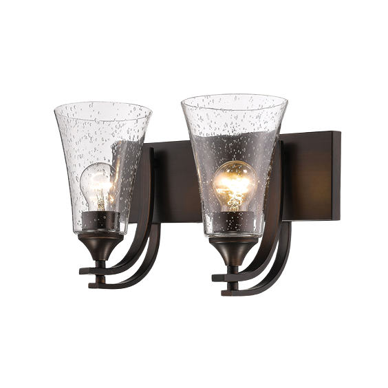 Two-light rubbed bronze wall sconce with clear seeded glass shades for bathroom and vanity lighting collections
