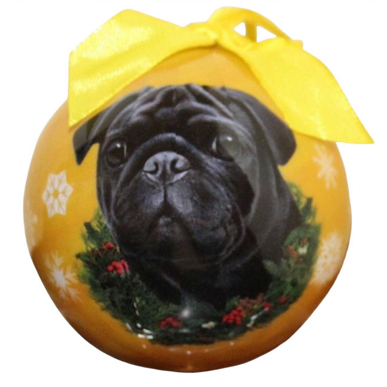 Yellow Christmas ball ornament featuring a black pug with a wreath and topped with a yellow bow for holiday decor collections