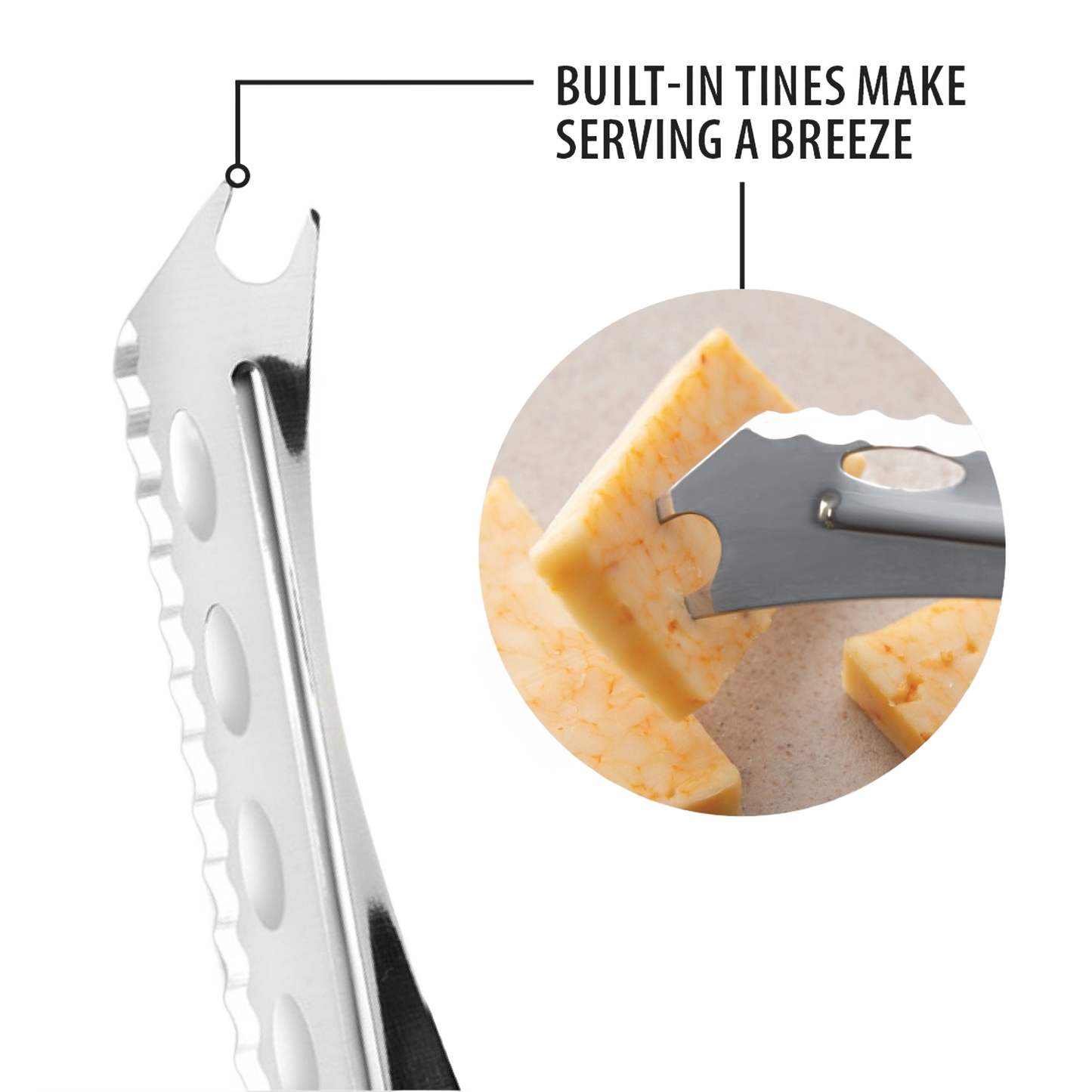 Stainless steel serrated cheese knife with built-in tine for easy serving in kitchen utensils under $50 collection