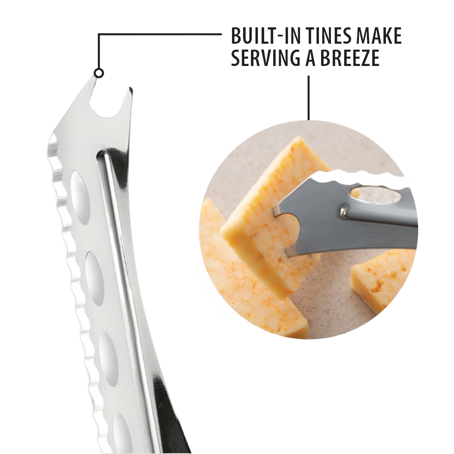 Stainless steel serrated cheese knife with built-in tine for easy serving in kitchen utensils under $50 collection