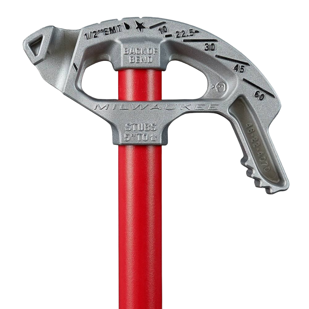 Silver aluminum conduit bender head mounted on a red handle designed for bending 1/2-inch EMT in home improvement tasks