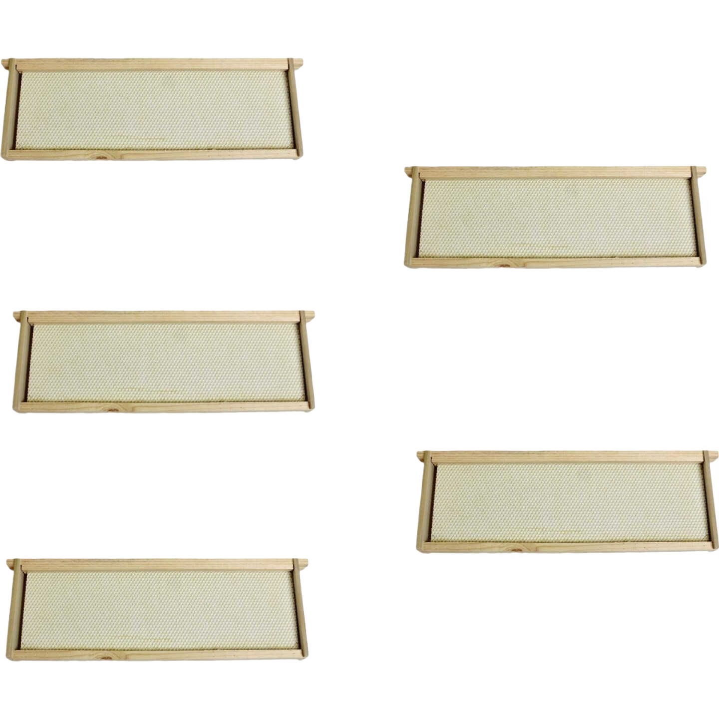 Five wooden beehive frames with foundation sheets for honeycomb building in beekeeping supplies