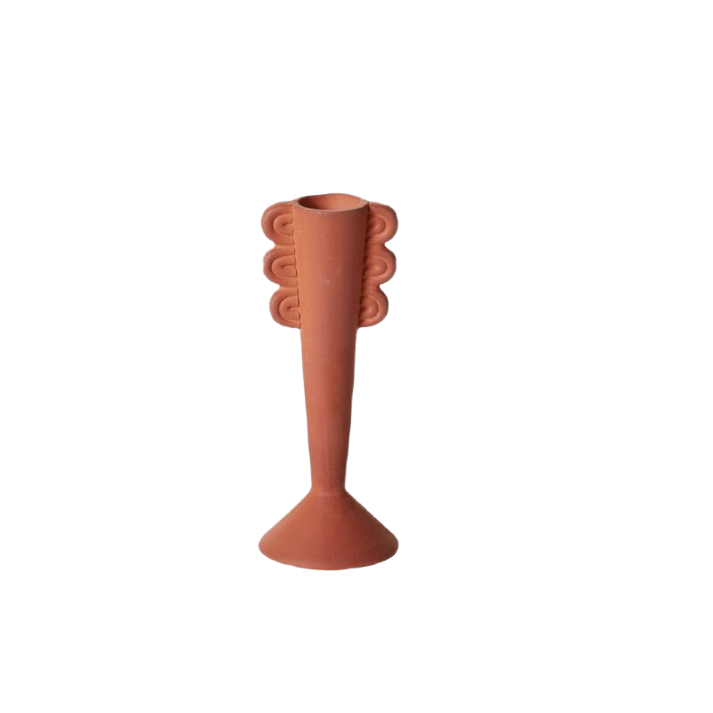 Tall terracotta bud vase with decorative scalloped accents for stylish home decor and display purposes