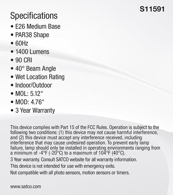 Specifications label for a 15.5 watt PAR38 LED bulb with medium base, 1400 lumens, and wet location rating.