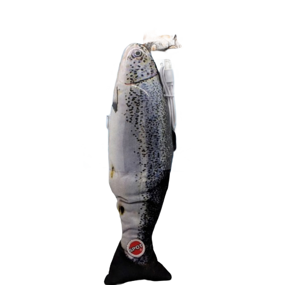 Plush cat toy shaped like a realistic fish with electronic chirping feature for pet entertainment