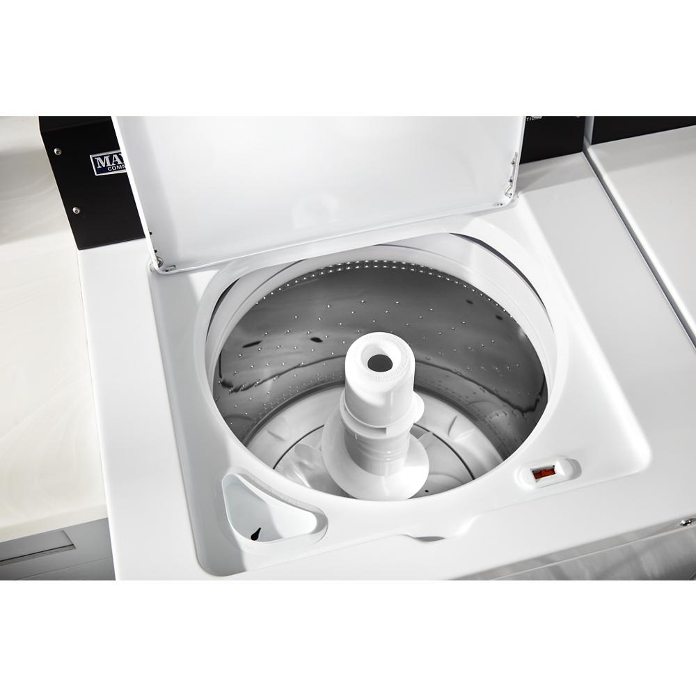 Top load commercial-grade washer open to show stainless steel drum and central agitator from washers and appliances collection